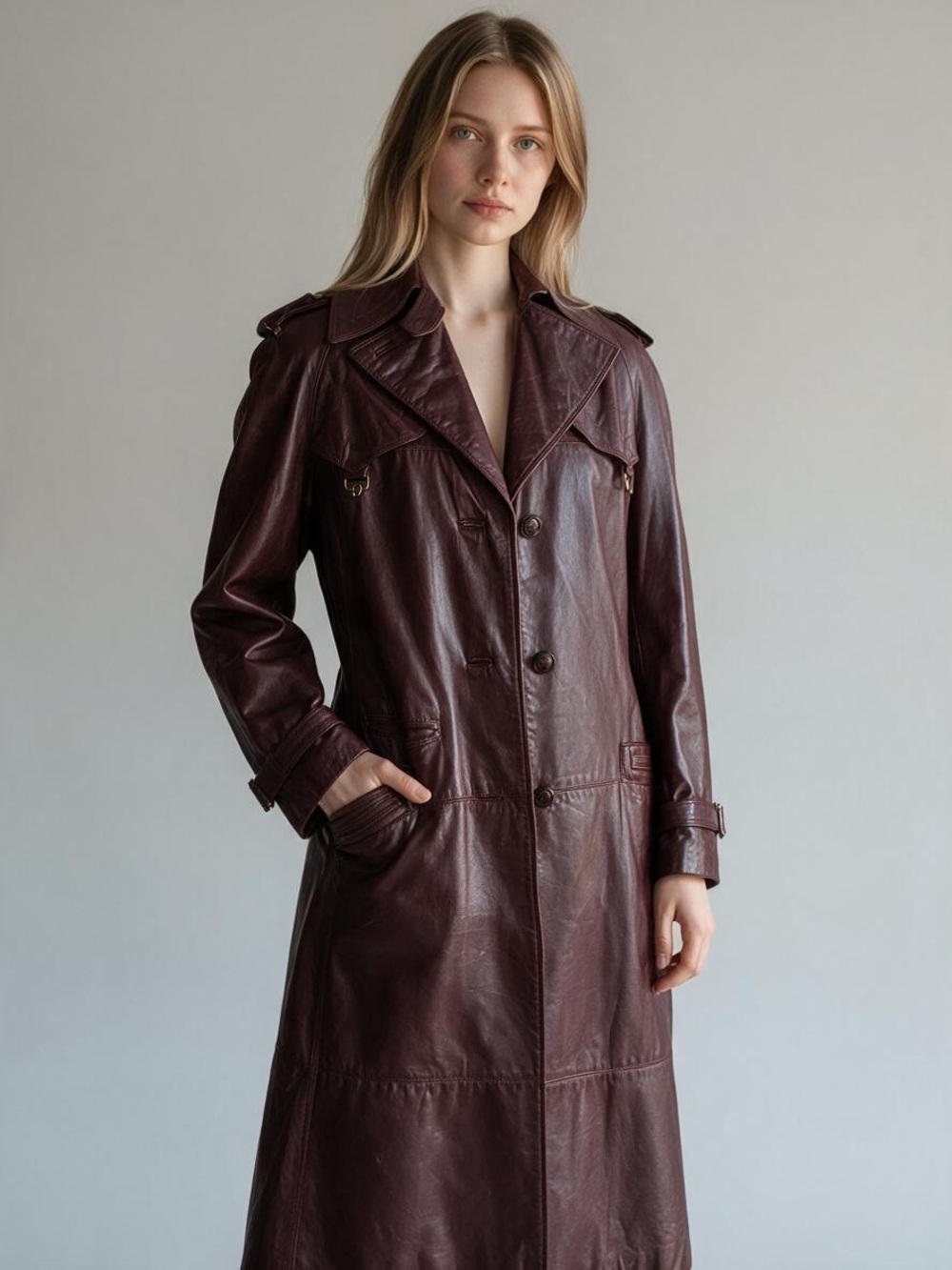Vintage Etienne Aigner Oxblood Leather Trench Coat 8 Belted Burgundy Long